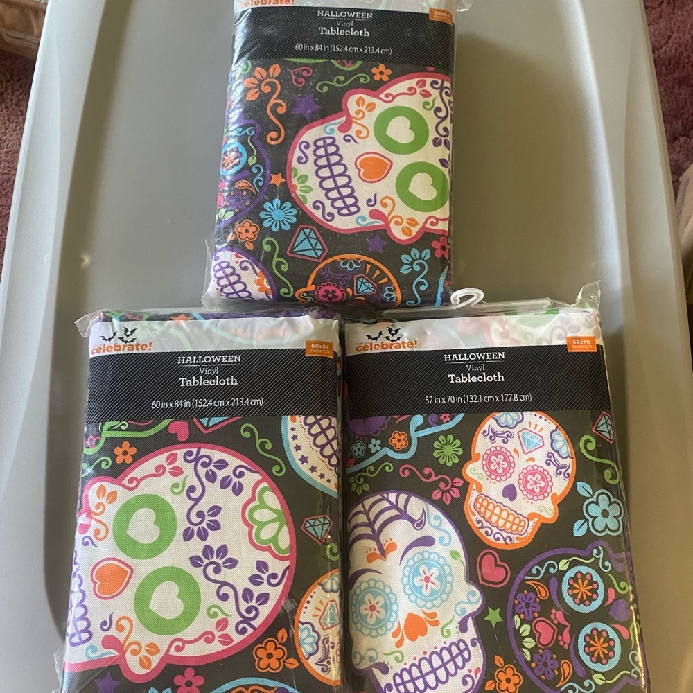 Various sugar skull tablecloths.